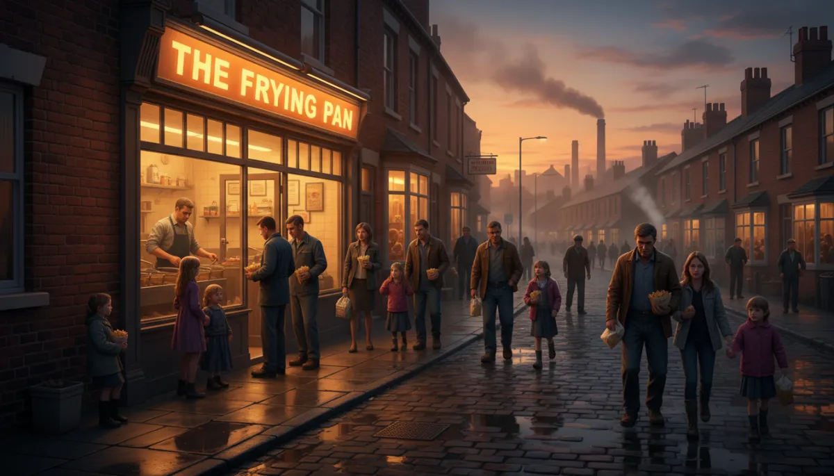 Warm photorealistic evening scene outside a busy Black Country chip shop, families and workers queuing under a glowing shop sign, terraced houses and factory chimneys in the background, golden light from the fryers spilling onto the pavement