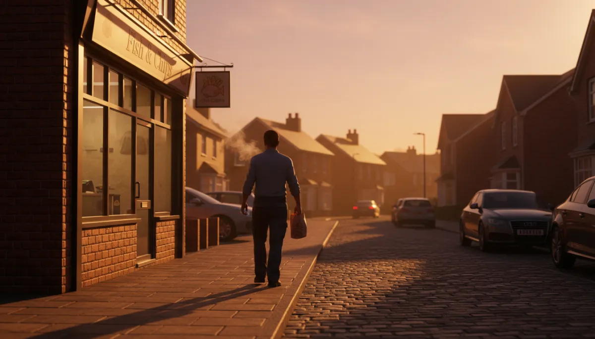 photorealistic warm evening street in Stone Cross, person in casual work clothes walking towards a cosy fish and chip shop, holding a paper chippy bag with steam rising, golden light from shop windows, cars parked along the road, homely neighbourhood feel