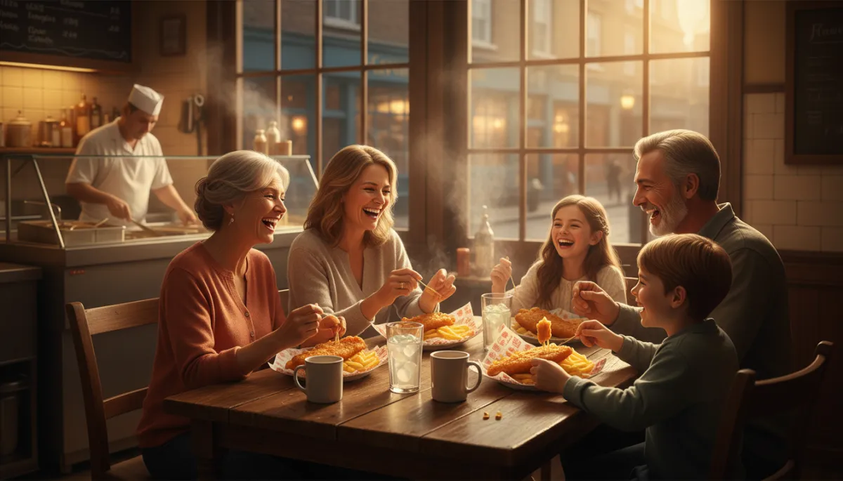 photorealistic warm-toned scene inside a cosy British fish and chip shop, three generations of a family gathered around a table laughing and sharing fish and chips, steamy paper-wrapped portions, wooden tables, subtle view of counter and fryer in background, evening light through front window