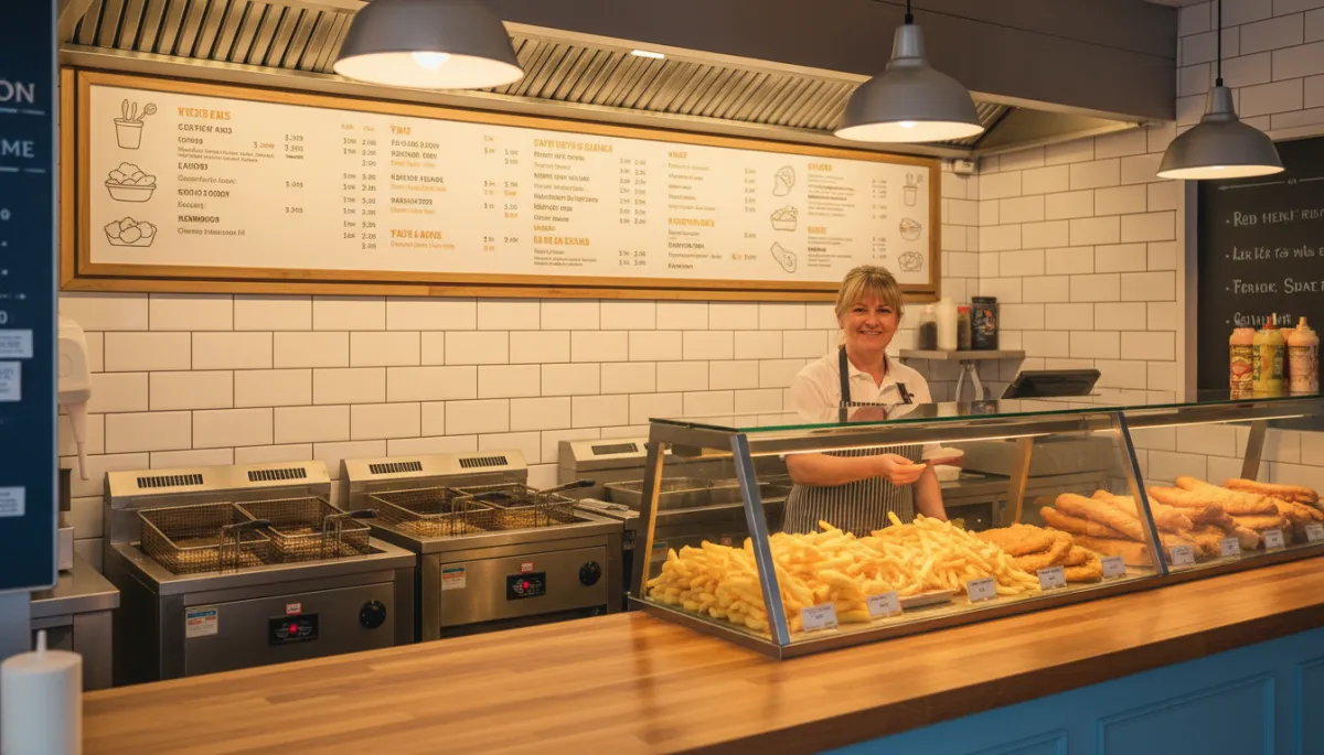Warm photorealistic interior of a traditional British chip shop in Stone Cross, West Bromwich, showing a welcoming counter with gleaming fryers, golden chips in the serving range, a clearly lit menu board above, and a friendly server smiling at customers