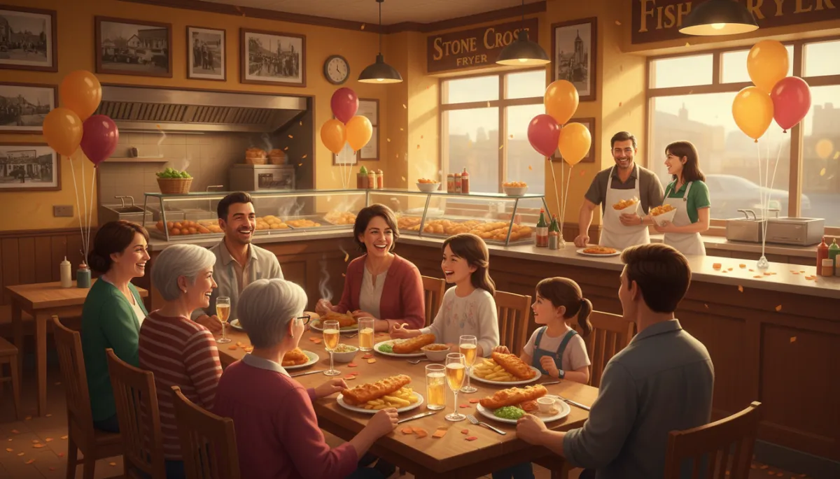 photorealistic warm-toned early evening scene inside a cosy family fish and chip shop in Stone Cross, West Bromwich, smiling family and friends gathered around a table with steaming fish and chips, sparkling drinks, confetti-style decorations and balloons in the background, owner chatting happily with customers over the counter