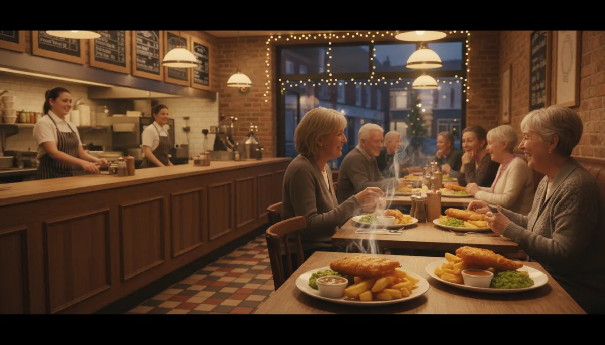 photorealistic warm-toned evening scene inside a cosy fish and chip shop in Stone Cross, West Bromwich; golden battered cod, chunky chips, mushy peas and curry sauce on wooden tables, steam rising, friendly staff behind the counter, locals chatting and smiling