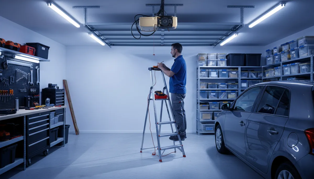 Technician inspecting a ceiling-mounted garage door opener inside a residential garage