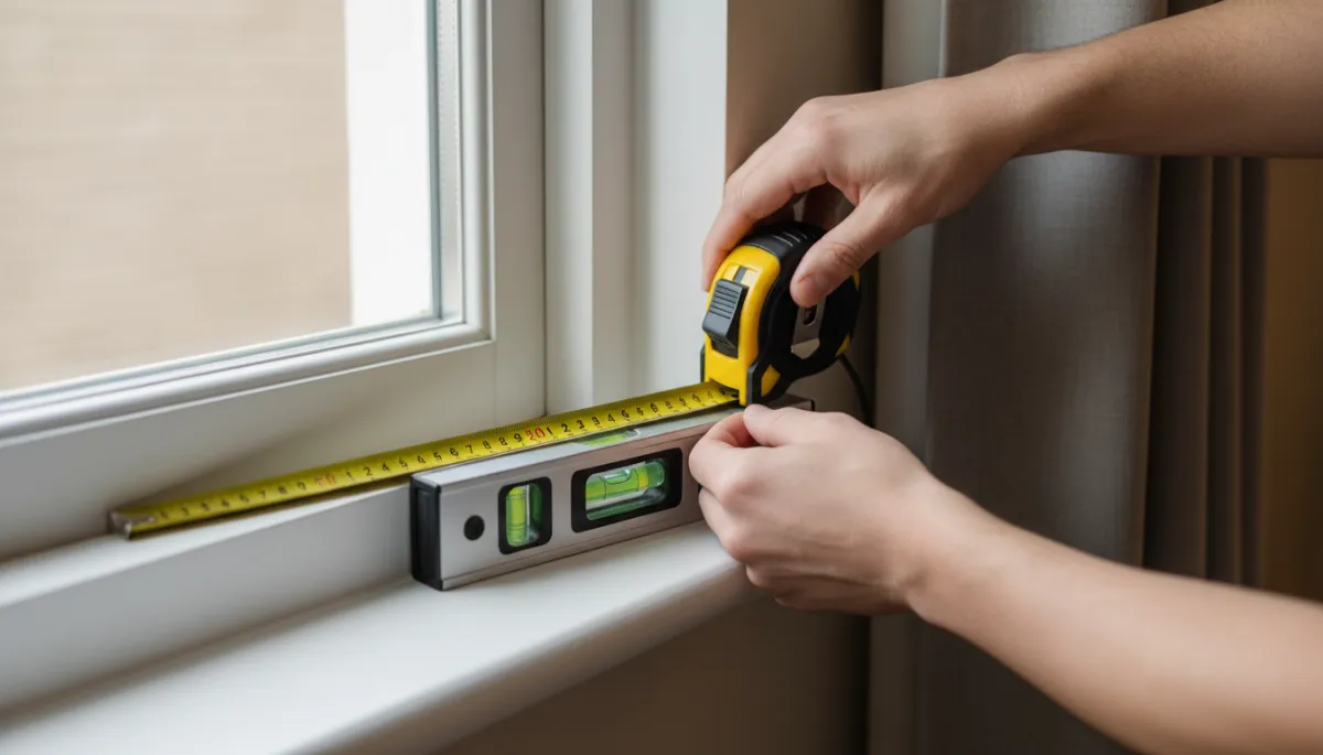 photorealistic close-up of a person’s hands using a tape measure and small level on a window frame, neutral interior colors, focus on accurate measuring process photorealistic close-up of a person’s hands using a tape measure and small level on a window frame, neutral interior colors, focus on accurate measuring process
