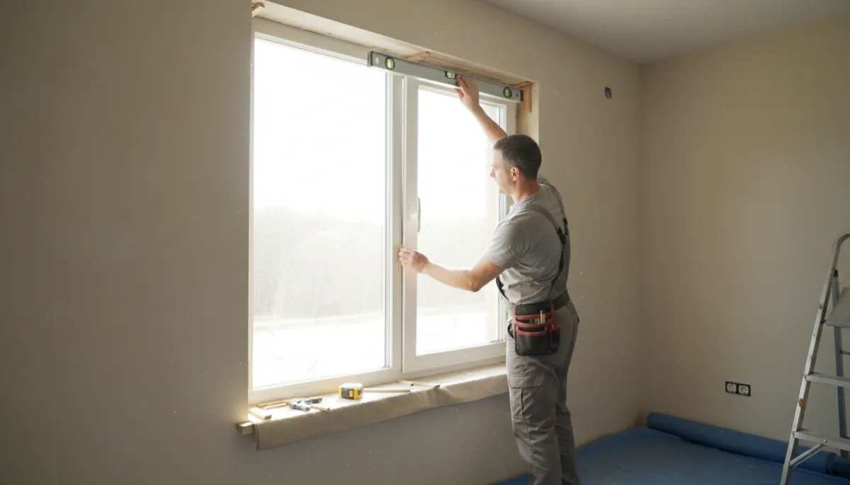 photorealistic neutral-colored scene of a professional installer fitting a new window into a prepared opening, using shims and level, bright natural daylight and tidy workspace photorealistic neutral-colored scene of a professional installer fitting a new window into a prepared opening, using shims and level, bright natural daylight and tidy workspace