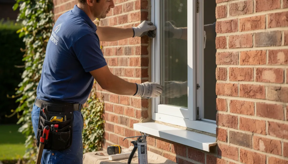 Professional installer fitting a new replacement window into a brick wall