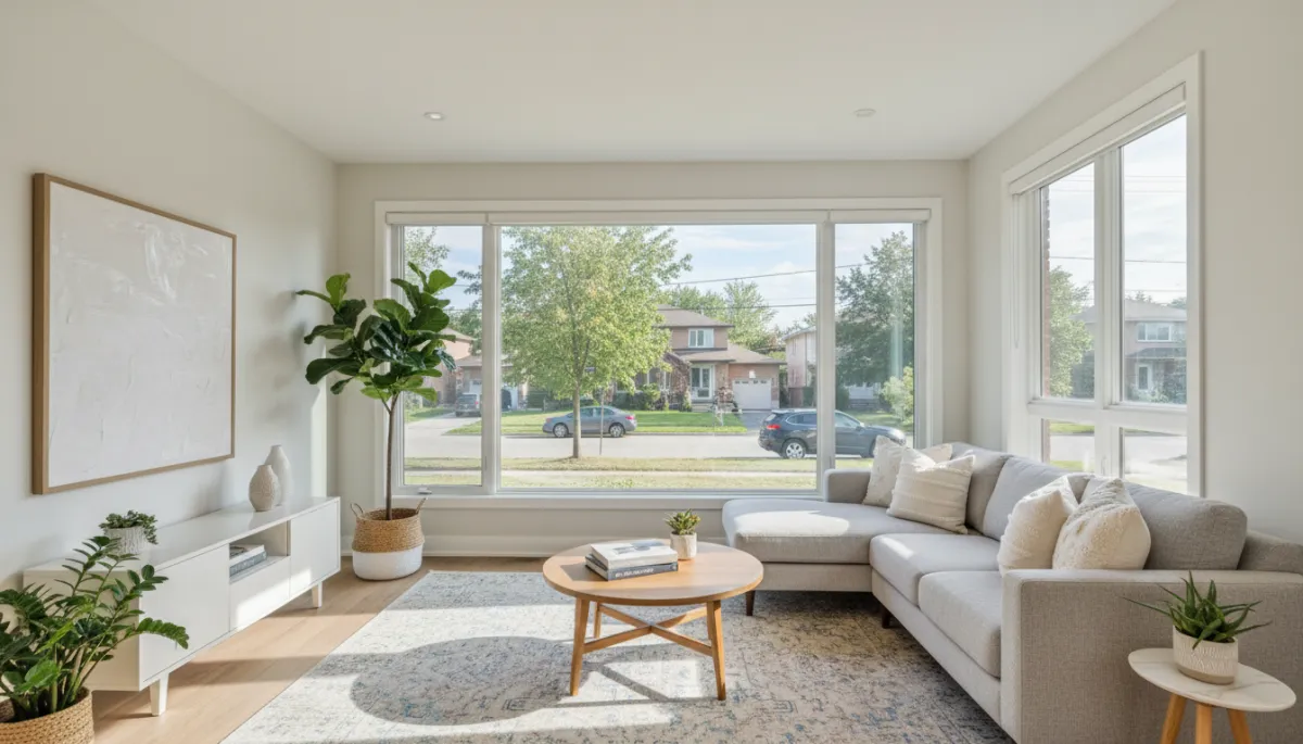 Living room with large picture windows providing natural light and street views