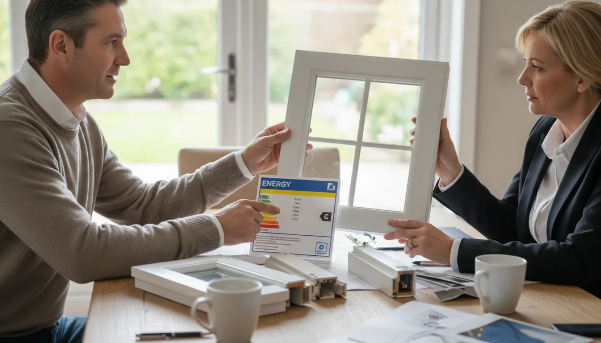 Homeowner reviewing different window style and efficiency options with a consultant
