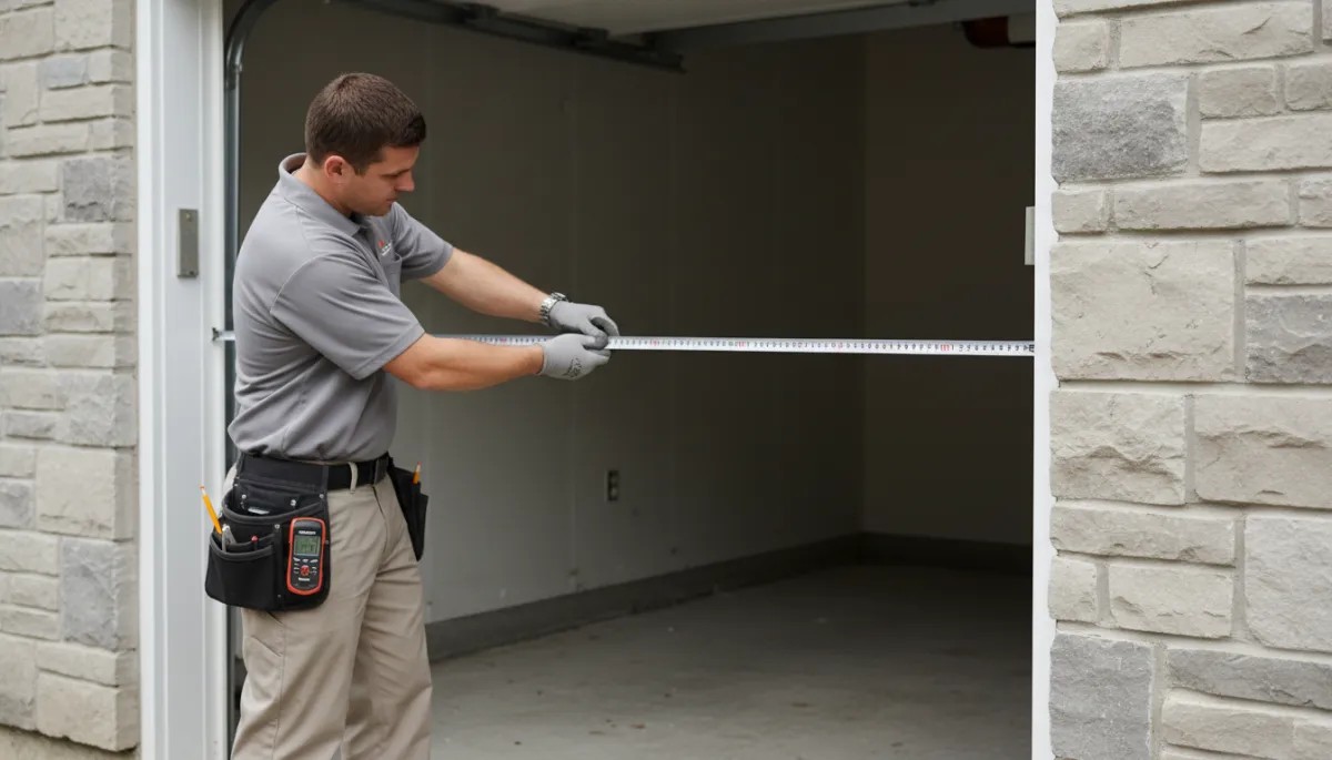 Technician measuring a garage opening on a Richmond Hill home Technician measuring a garage opening on a Richmond Hill home