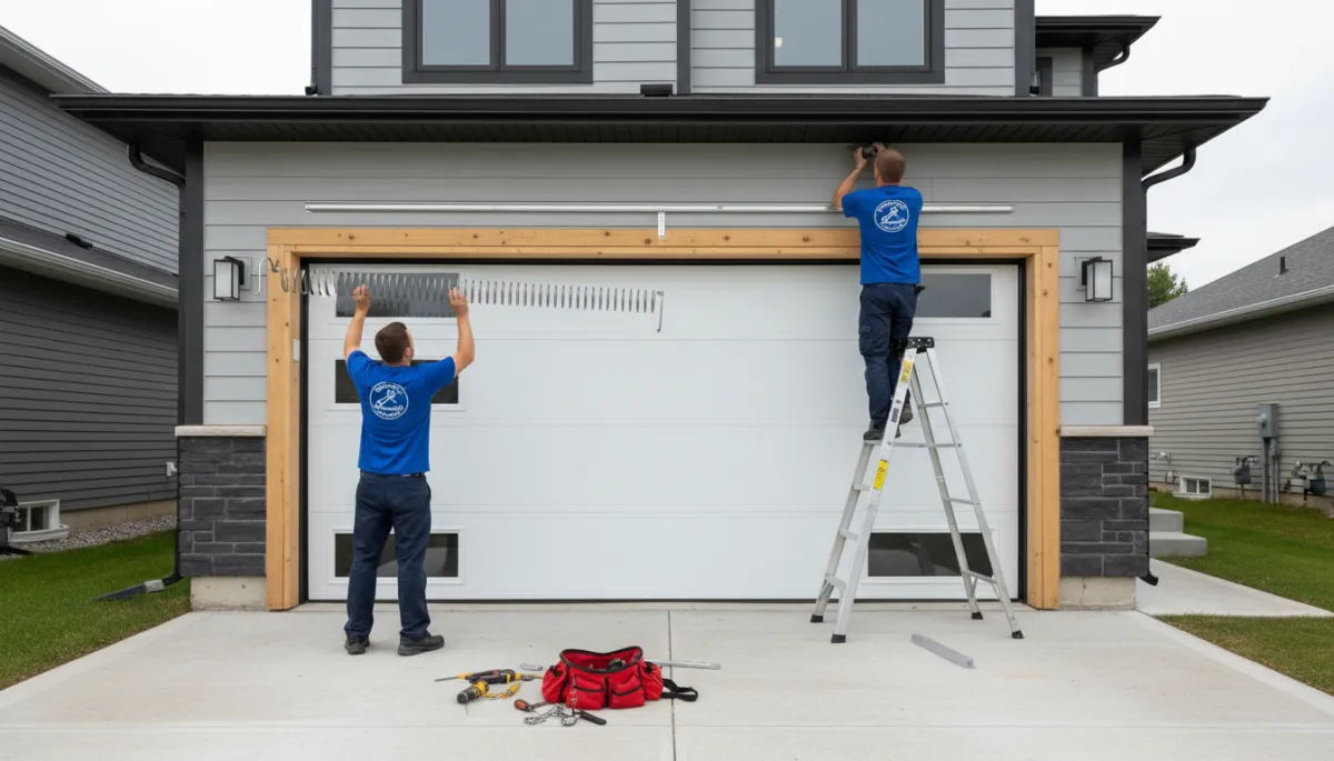 Technicians installing a sectional garage door on a Richmond Hill driveway Technicians installing a sectional garage door on a Richmond Hill driveway