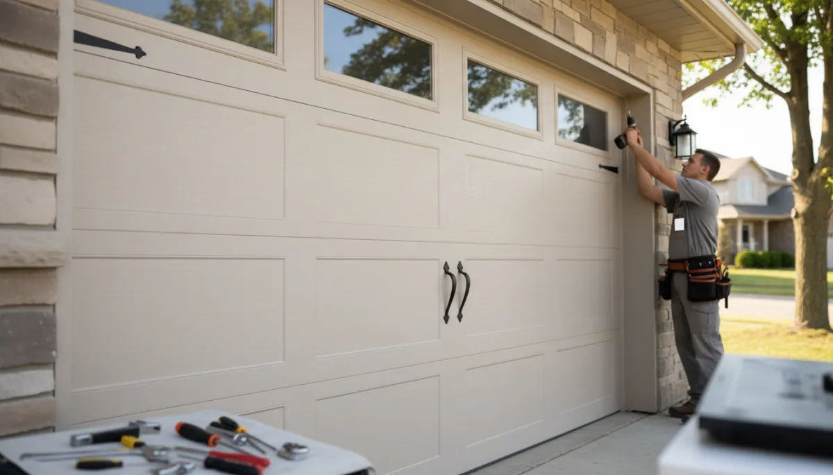 photorealistic neutral-toned close-up of a newly installed insulated carriage-house style garage door on an Oak Ridges home, subtle decorative hardware, S&B Pro technician making final adjustments with tools nearby