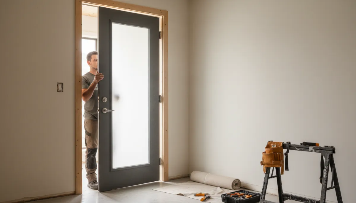 photorealistic neutral-toned entryway of a modern Richmond Hill home, professional installer holding a new exterior door next to an existing frame, soft natural light, clean and tidy jobsite