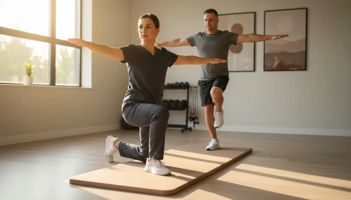 Physical therapist demonstrating balance and strengthening exercises to a patient in a neutral-toned clinic Physical therapist demonstrating balance and strengthening exercises to a patient in a neutral-toned clinic