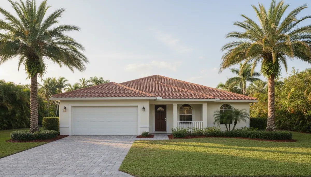 Photorealistic single-story Florida home with palm trees and simple yard