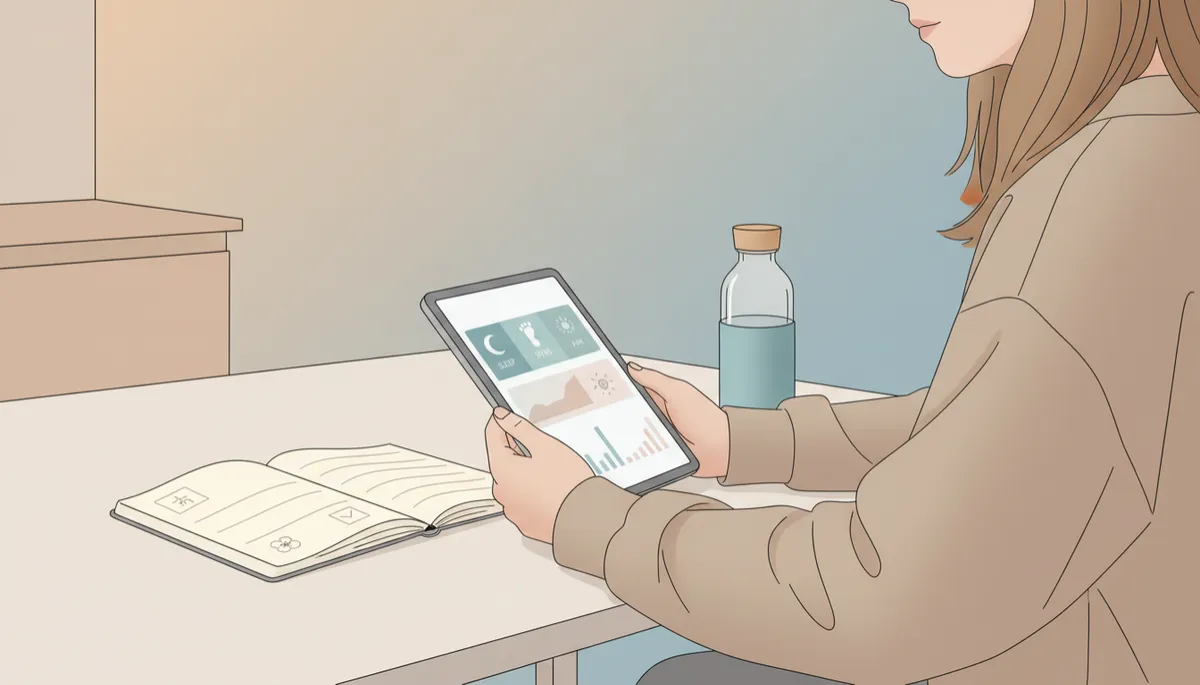 Person tracking health habits and progress using a journal and digital dashboard Person tracking health habits and progress using a journal and digital dashboard