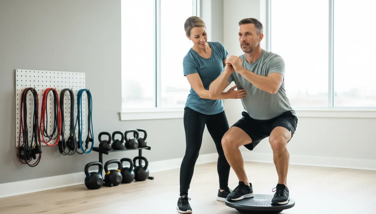 Physical therapist coaching an athlete through strength and balance exercises in a modern clinic