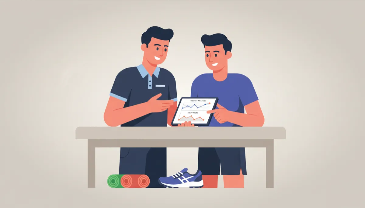 Therapist and runner reviewing training load and pain trends on a tablet Therapist and runner reviewing training load and pain trends on a tablet
