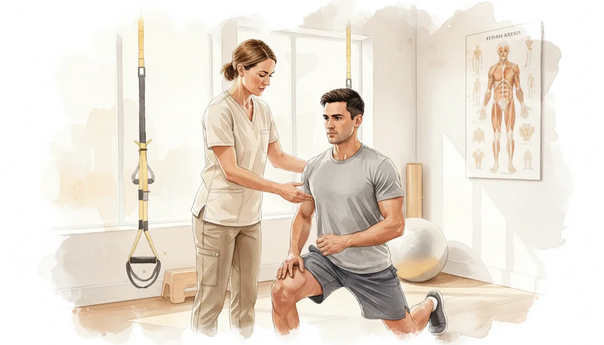 Physical therapist guiding a client through a detailed movement assessment