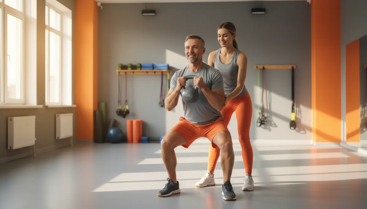 Active adult strength training under guidance in rehab studio Active adult strength training under guidance in rehab studio