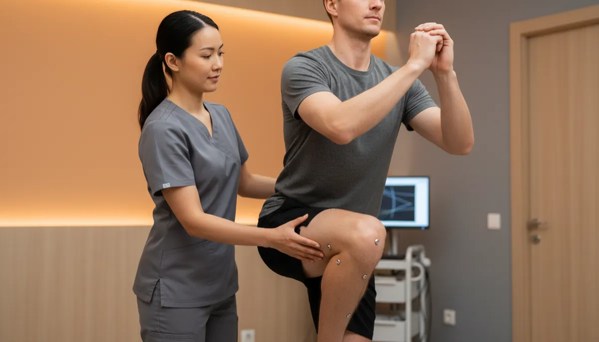 Physical therapist guiding active adult through movement assessment Physical therapist guiding active adult through movement assessment