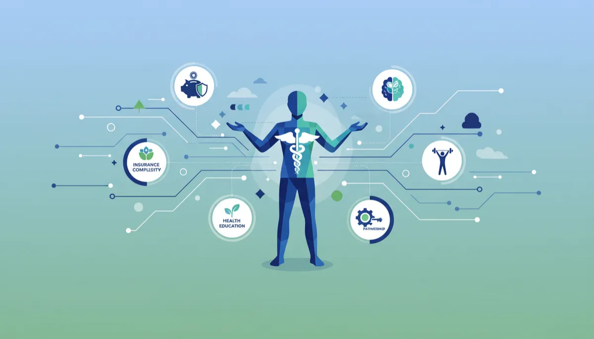 A complex healthcare system with various interconnected elements