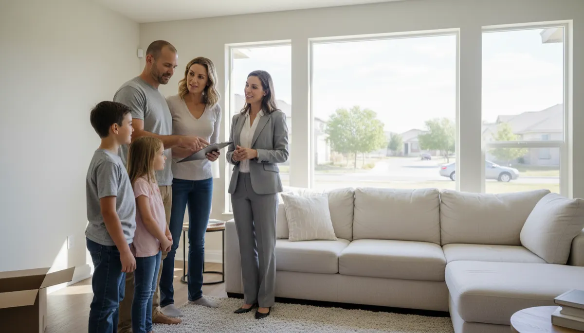 Photorealistic scene of a military family reviewing a home with a real estate agent