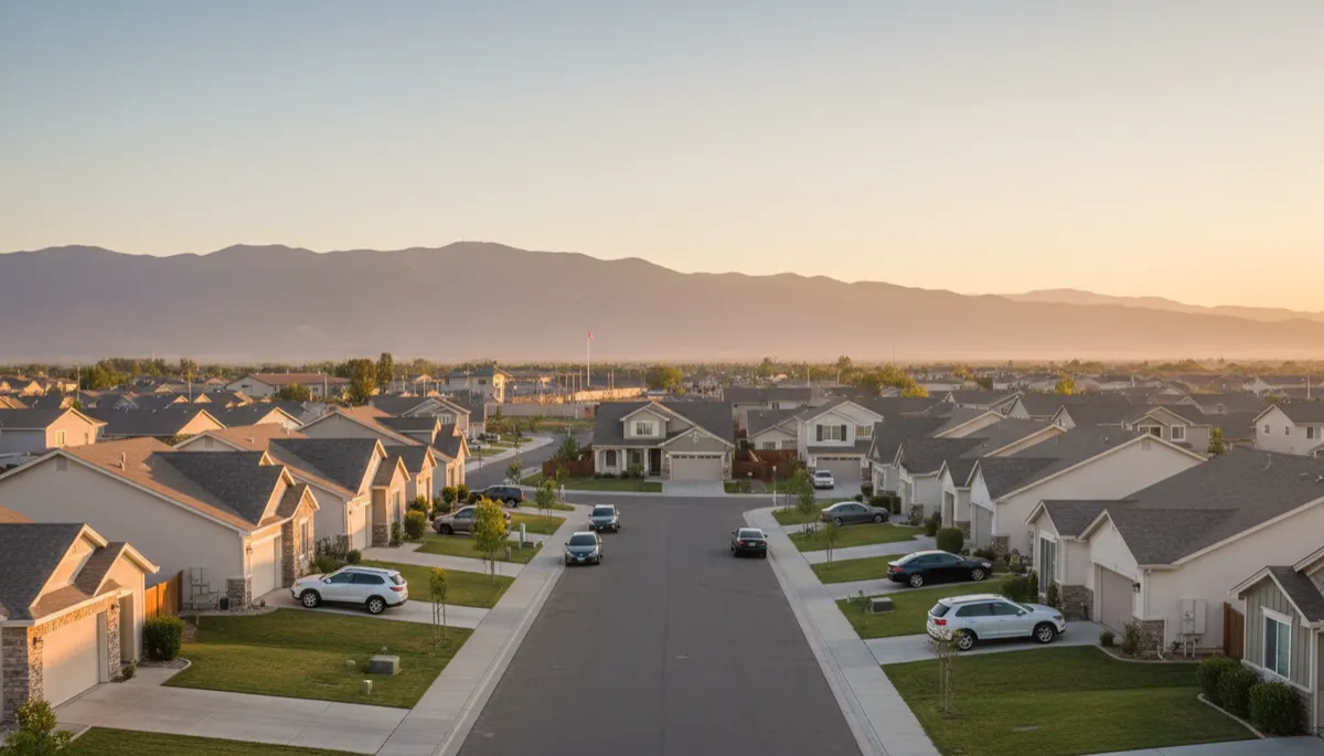 photorealistic neutral-toned suburban neighborhood near a military base at golden hour, tidy single-family homes with small front yards, distant glimpse of mountains and a subtle security gate, calm street with a few parked cars