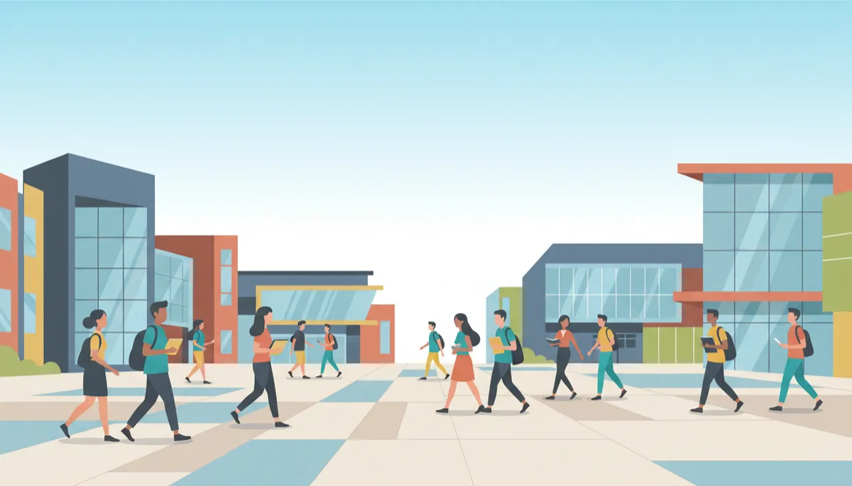 Students walking across a Dallas Fort Worth campus in a professional neutral style