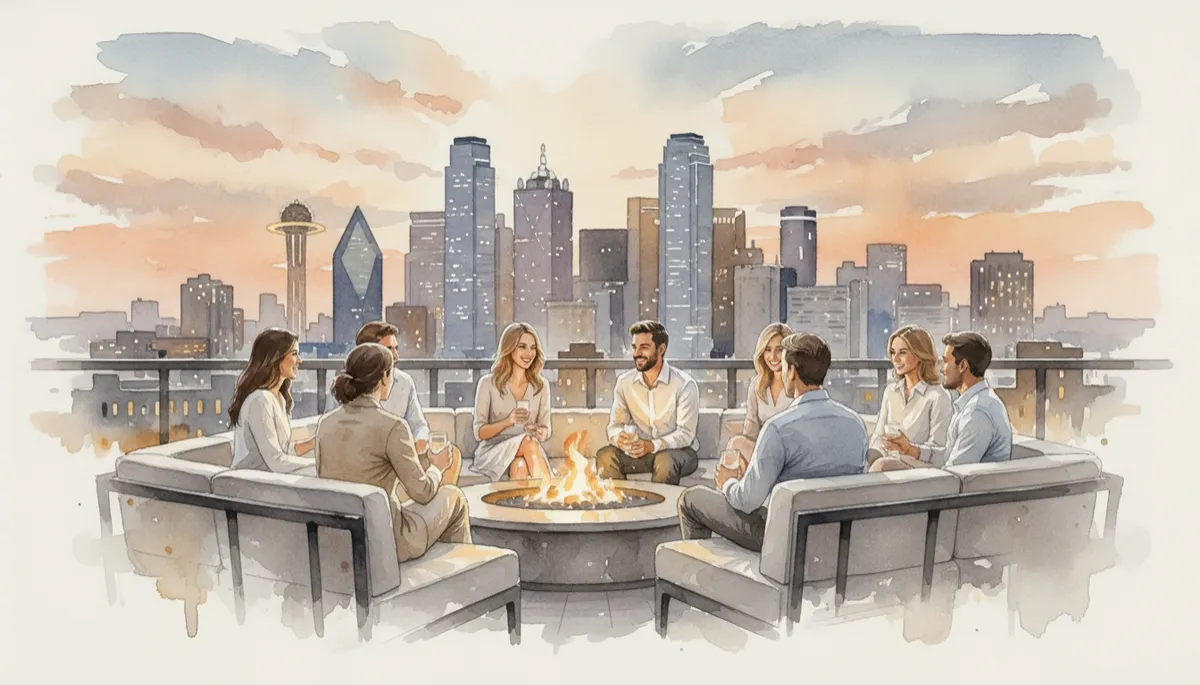 Rooftop lounge in a Dallas neighborhood with skyline views and professionals socializing
