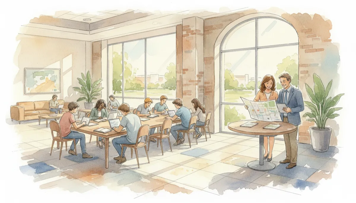Students studying in a modern Dallas Fort Worth school while a parent reviews school zones with an agent