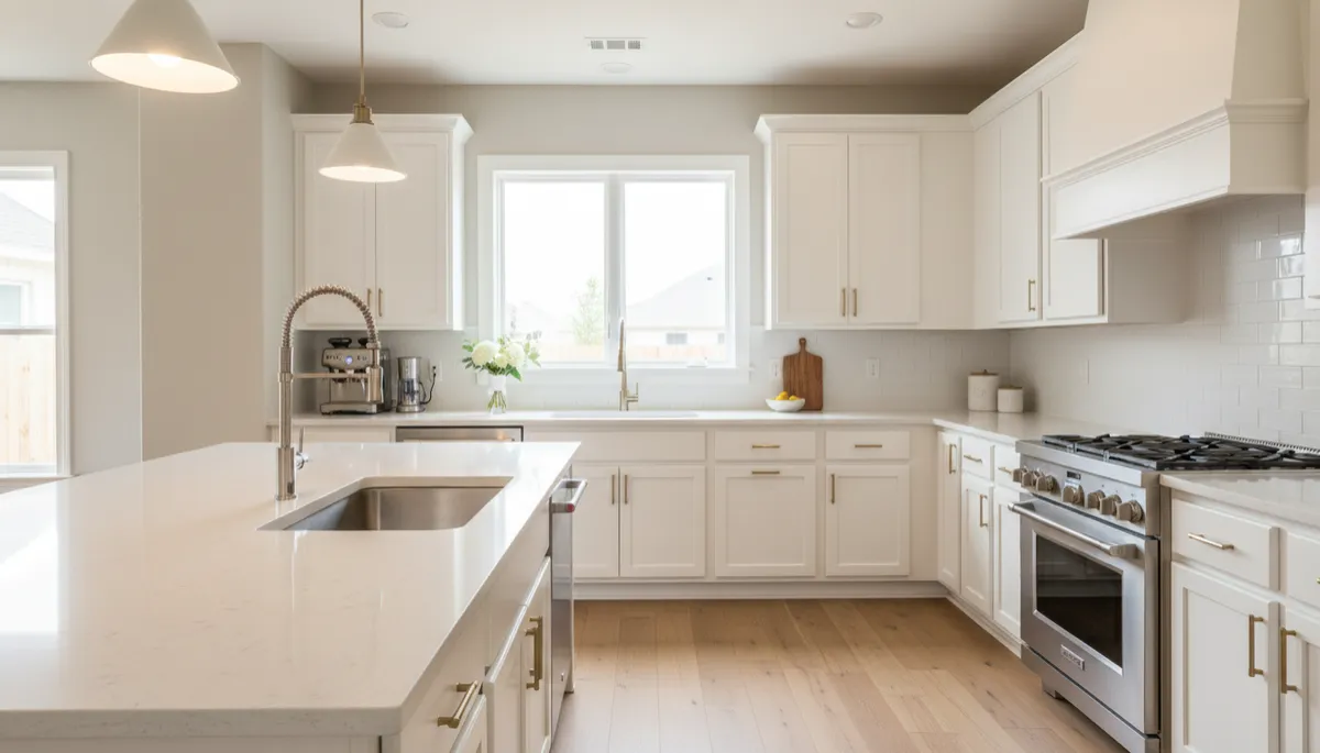 professional neutral-color photo of a DFW kitchen staged for sale, clean countertops, simple decor, natural light, subtle professional lighting, no people