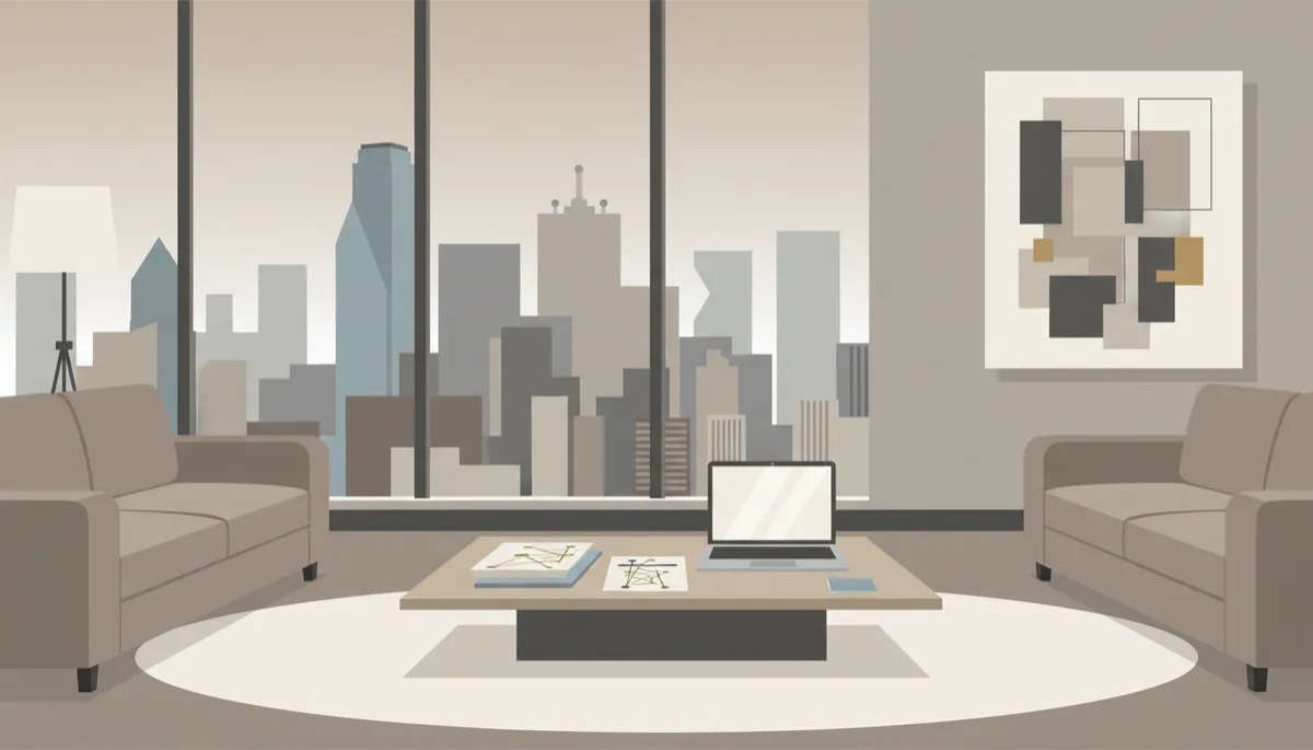 Modern Dallas living room with city views and real estate documents on table Modern Dallas living room with city views and real estate documents on table