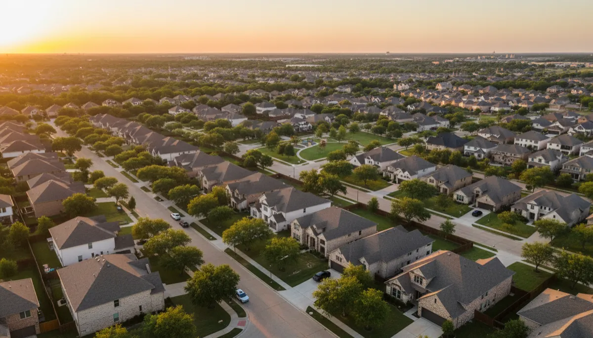 Warm neutral aerial view of a DFW suburban neighborhood at sunset Warm neutral aerial view of a DFW suburban neighborhood at sunset