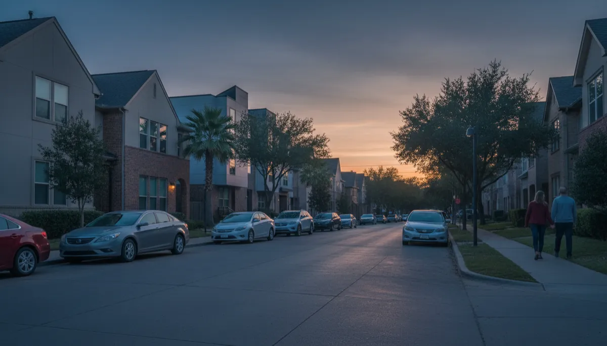 Photorealistic Dallas neighborhood street with townhomes and single-family homes at sunset Photorealistic Dallas neighborhood street with townhomes and single-family homes at sunset