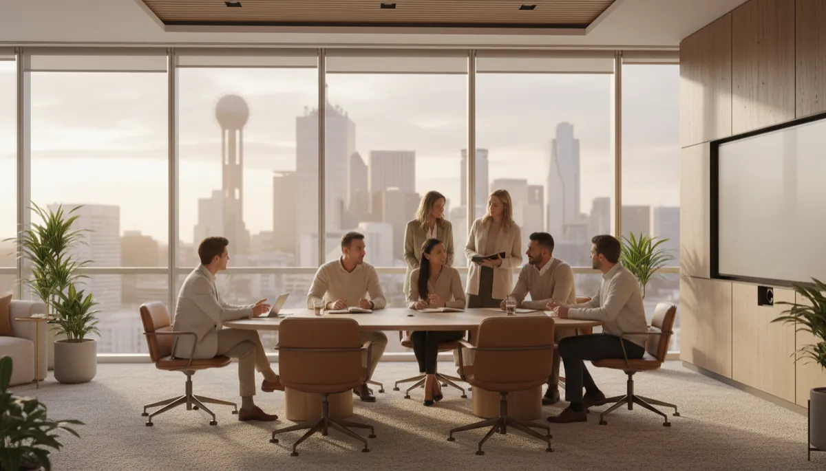 Photorealistic warm-toned Dallas office with professionals collaborating near windows Photorealistic warm-toned Dallas office with professionals collaborating near windows
