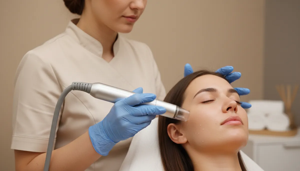 Esthetician performing hydro dermabrasion treatment on client’s skin