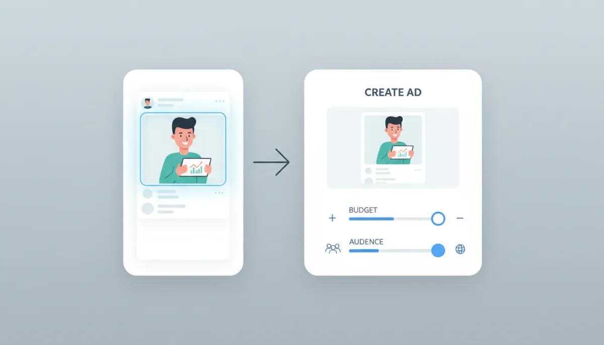 Digital illustration of a CRM interface converting a social post into an ad