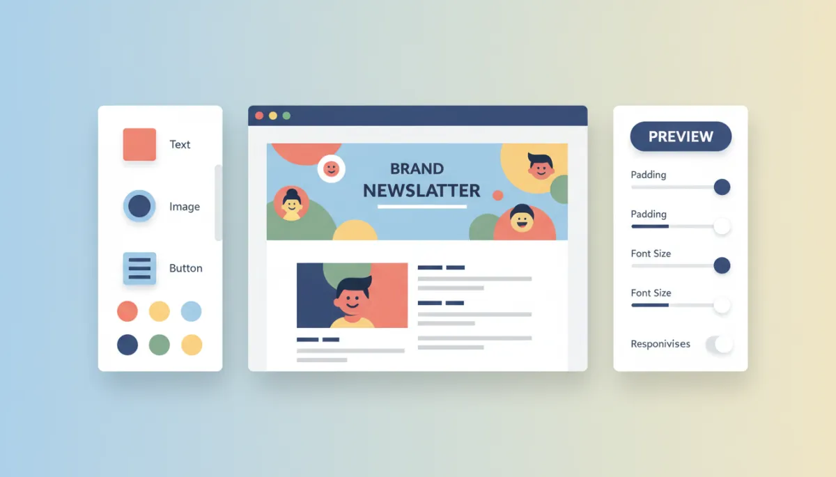 Digital illustration of a CRM email template builder with brand colours
