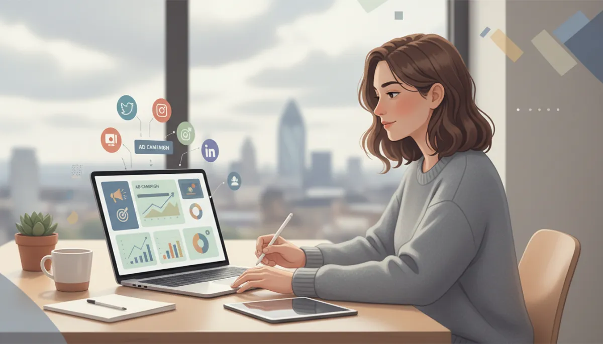 neutral colour palette digital illustration of a small UK business owner at a desk, CRM dashboard on laptop showing social posts being converted into ads across different platforms, calm tidy workspace with subtle graphs and icons