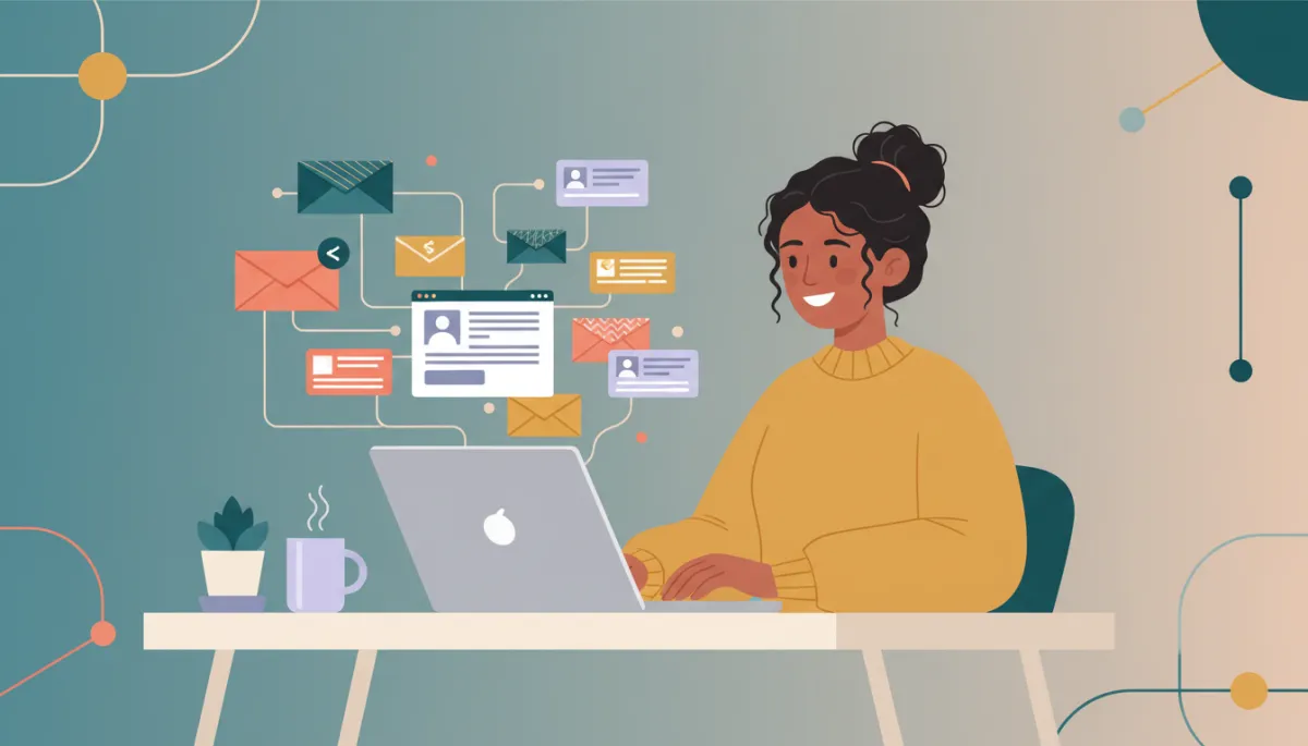 Digital illustration / flat art of a small business owner happily working at a laptop while colourful branded email envelopes and contact cards flow from a CRM dashboard on screen, using cohesive brand colours and clean modern shapes