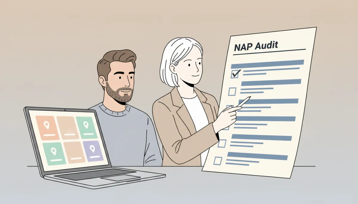 Marketing consultant and local business owner reviewing NAP audit results