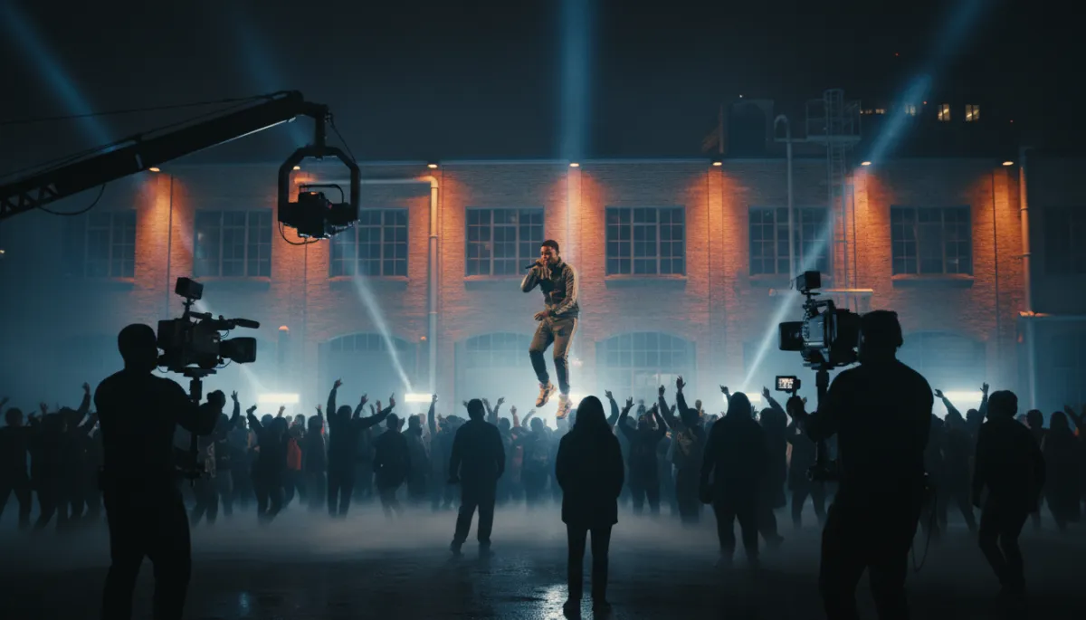 Music artist in Hampton Roads filming a cinematic music video at night