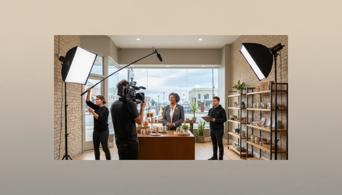 Small business owner in Hampton VA being filmed by professional video crew