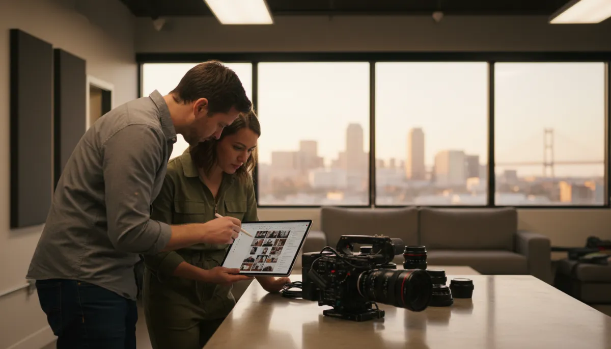 Director and artist planning a 757 music video with storyboards and gear