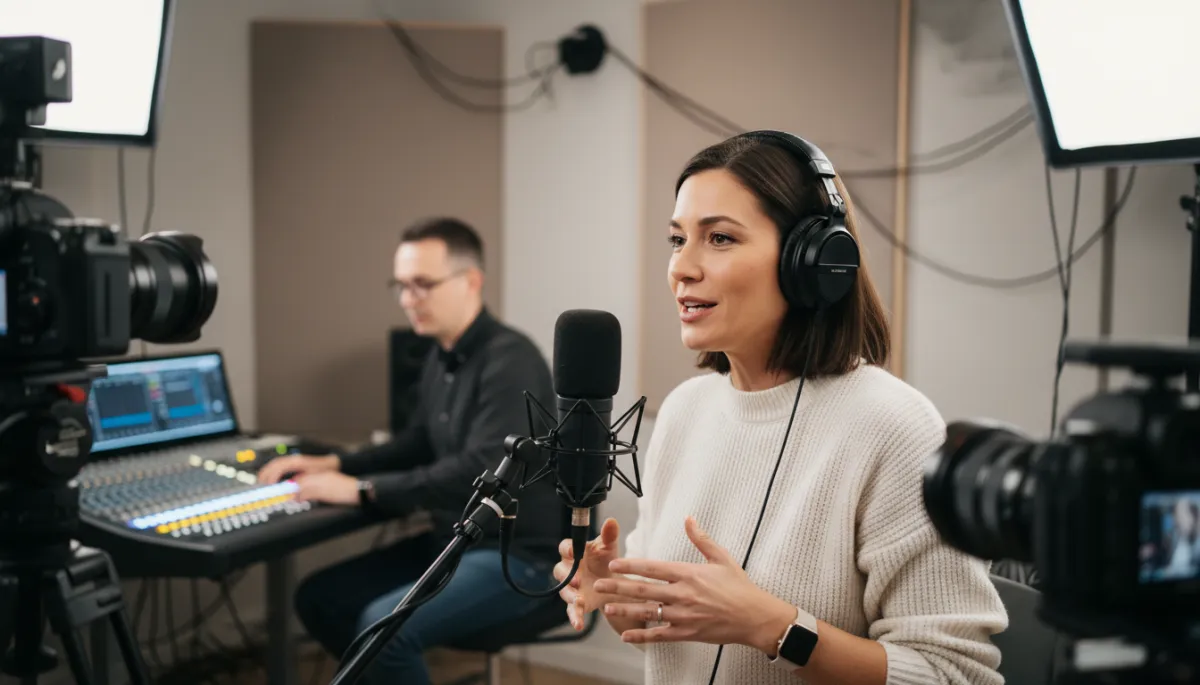 Photorealistic view of a business coach recording a podcast with multi-camera rigs and audio engineer