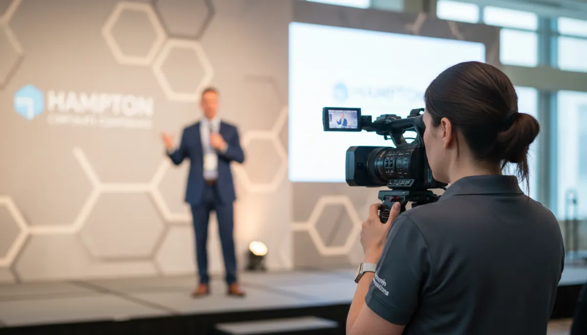 Photorealistic scene of a videographer filming a corporate speaker on stage in Hampton Virginia