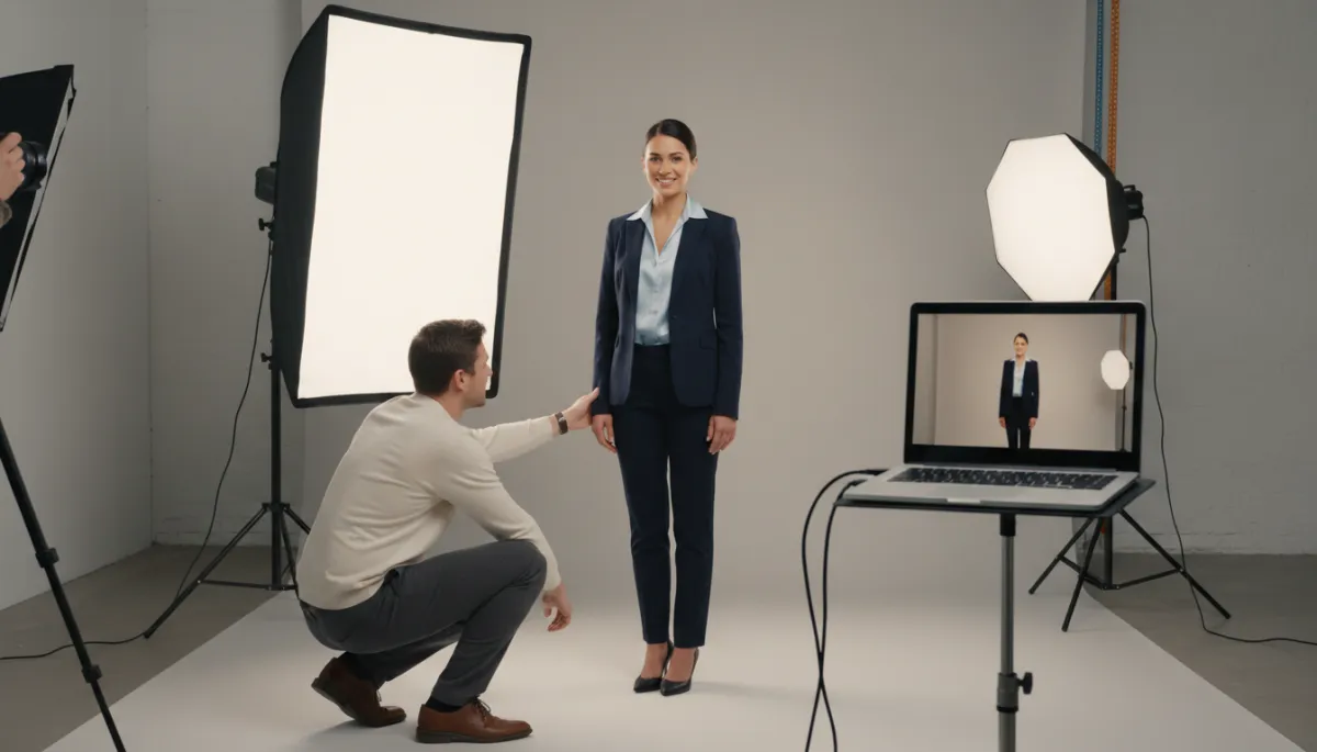 Photorealistic photographer adjusting studio lighting around a client for a headshot