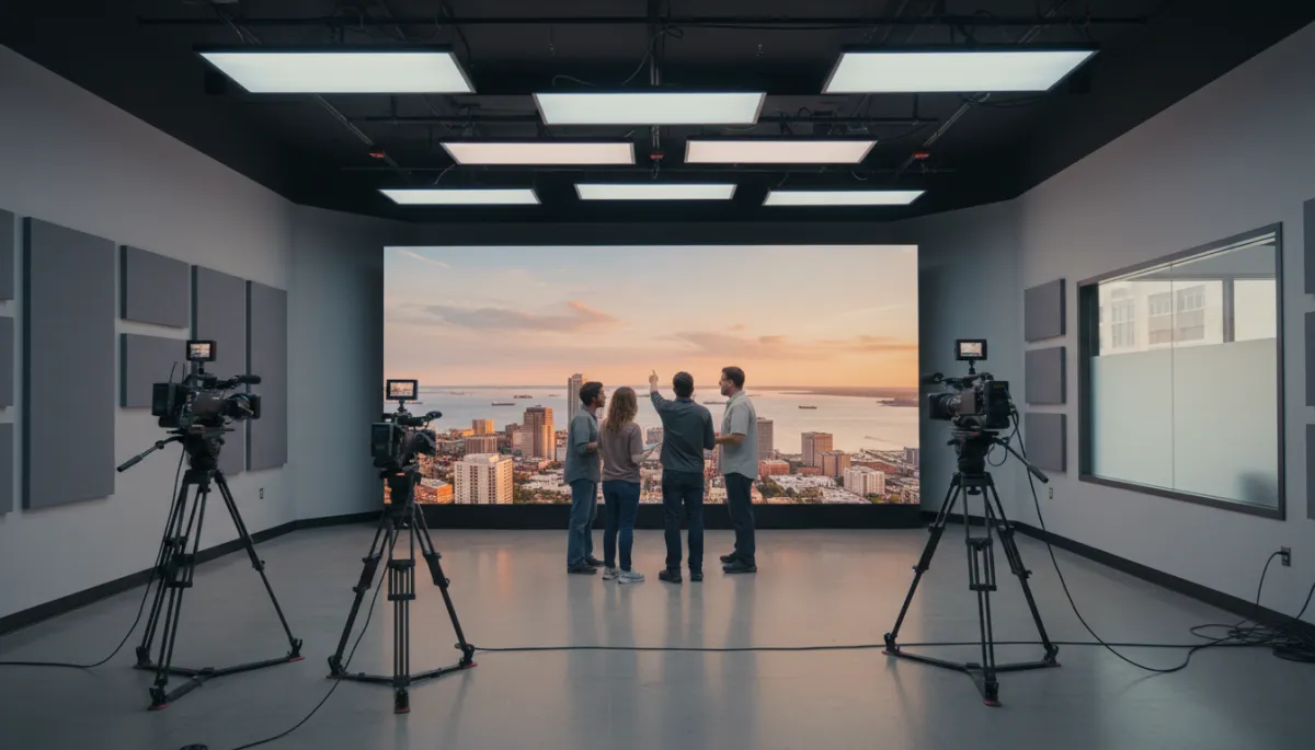 photorealistic wide shot inside a modern video production studio in Hampton VA, neutral color palette, LED panels, cameras on tripods, director and small crew reviewing footage on a large monitor with a Hampton Roads skyline photo on the wall