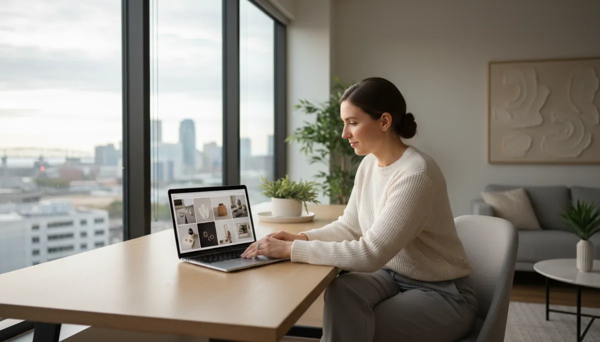 photorealistic wide shot of a confident small business owner and photographer reviewing commercial photos on a laptop in a modern neutral-toned studio, soft window light, subtle Hampton Roads skyline visible through glass