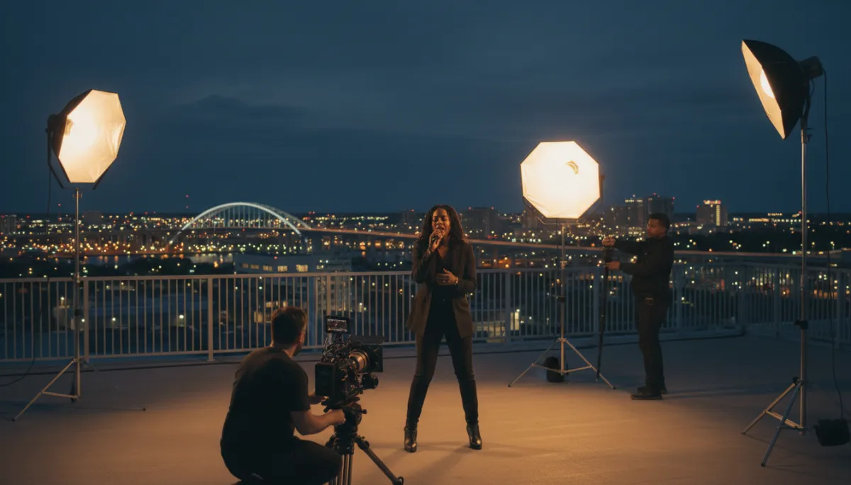 photorealistic nighttime rooftop in downtown Hampton Roads with a music artist performing in front of a professional 4K cinema camera and softbox lights, crew adjusting equipment, city lights and tunnel bridge in the background, neutral color grading